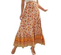 GSCLZ Pleated Long Skirt Women'S Casual Floral Printed Beach Style High Waisted Skirts(Orange,L)