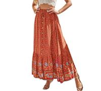 GSCLZ Pleated Long Skirt Women'S Casual Floral Printed Beach Style High Waisted Skirts(Red,S)