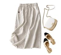 GSCLZ Women Skirt Casual High Waist Large Swing With Pocket Elastic Ruched Pleated Skirts(Beige,L)