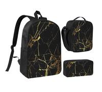 GSGCSBYMLG 3D elegante oro marmorizzato texture stampata 43,2 cm scuola borsa penna borsa pranzo set, Nero , Taglia unica, Portamonete