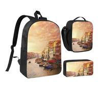 GSGCSBYMLG Bella Venezia Canal View stampato 43,2 cm borsa scuola penna borsa pranzo set, Nero , Taglia unica, Portamonete
