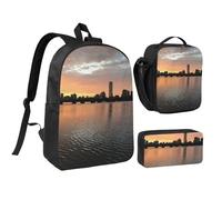 GSGCSBYMLG Boston Charles River City Skyline Tramonto stampato 43,2 cm borsa per la scuola borsa portapranzo set, Nero , Taglia unica, Portamonete