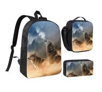GSGCSBYMLG Lupo stampato 43,2 cm zaino scuola penna borsa pranzo set, Nero , Taglia unica, Portamonete