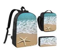 GSGCSBYMLG Set di borsa per la scuola con stampa 3D con stella marina sulla spiaggia, 43,2 cm, Nero , Taglia unica, Portamonete