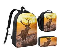 GSGCSBYMLG Set di borsa per la scuola, portapenne, borsa per il pranzo, con stampa di cervo rosso, 43,2 cm, Nero , Taglia unica, Portamonete