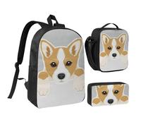 GSGCSBYMLG Simpatico cartone animato Welsh Corgi Dog stampato 43,2 cm borsa per la scuola borsa portapranzo set, Nero , Taglia unica, Portamonete