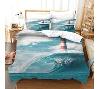 GSKOQD Set Copripiumino Singolo Bambini 150X200Cm 3 Pezzi Set Motivo Paesaggio Del Faro Con Onde Del Mare 3D Set Di Biancheria Da Letto Natalizia In Microfibra Con Chiusura A Cerniera E 2 Federe 50