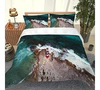 GSKOQD Set Copripiumino Singolo Con Cerniera E 2 Federe, Set Di Biancheria Da Letto Natalizia In Microfibra Per Bambini/Adulti 150X200Cm, Motivo Faro Rosso In Riva Al Mare 3D, Ultra Morbido