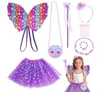 GSrenyu Set di 8 costumi da fata per ragazze, costume da farfalla con ali di farfalla, bacchetta, tutù, fascia per capelli a corona, borsa, collana, braccialetto, borsa di garza, vestito per feste per