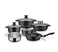 GSW Set di pentole Gourmet Granito, 10 Pezzi, Alluminio, Vetro, plastica, Acciaio Inossidabile, Nero