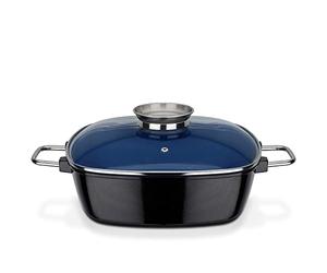 GSW Stahlwaren GmbH arrostiera con pomello Salva Aroma, Coperchio in Vetro, Colore: Blu/Nero/Trasparente, 28 x 28 x 8,5 cm, 5 Litri