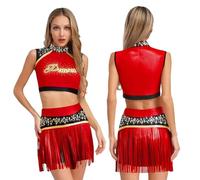GSXLZ Vestito Cheerleader Donna Costume da cheerleader con strass lucidi da donna, uniforme da cheerleader, completo da ballo, canotta e pantaloncini con nappe della squadra sportiva.(Red,S)