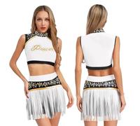 GSXLZ Vestito Cheerleader Donna Costume da cheerleader con strass lucidi da donna, uniforme da cheerleader, completo da ballo, canotta e pantaloncini con nappe della squadra sportiva.(Silver,M)