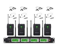 GTD Audio 4 x 800 canali di frequenza selezionabili, UHF diversity, senza fili, microfono manuale - 4 Lavaliere Mics
