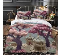 GTDKSUEVG Cherry Blossom Trees copripiumino 3 Pezzi stampa 3D microfibra morbida con federa Asian Garden Set Di Copripiumino cerniera soffice ariosa for coppie Single（135x200cm）