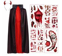 GTDOOCE Mantello Nera e Rosso Set,Reversibile Streghe Mantello Vampiro,Costumi Halloween Costume Vampira,90 cm Capa Costume Halloween Vampiro con Corna Diavolo Fascia e Tatuaggi Cicatrici Adesivo