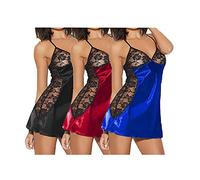 GTHTTT 3 Packs Camicie da Notte Donna Sexy Scollo a V Notte Abito Mini Cami da Abito Fionda Magro Sottoveste Camicia da Notte in Raso di Pizzo,Black Wine Red Royal Blue,L