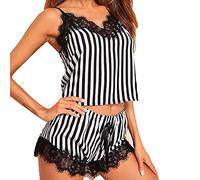 GTHTTT Pigiama Donna Due Pezzi Raso Banda Patchwork di Pizzo Cinghia Notte Casual Set Canotta Cami Pantaloncini Indumenti Estivo Vestaglia,Black White,M
