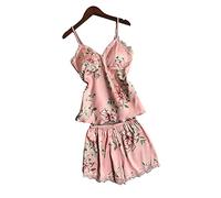 GTHTTT Pigiama Donna Due Pezzi Raso Cinghia Canotta E Pantalone Corto Pizzo Bordo Estivo Vestaglia Notte Casual Set Indumenti,Rosa,XXL