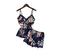 GTHTTT Pigiama Donna Due Pezzi Raso Cinghia Canotta E Pantalone Corto Pizzo Bordo Estivo Vestaglia Notte Casual Set Indumenti,Blu,S