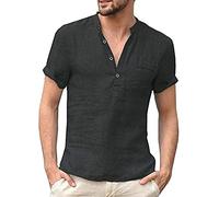 GTHTTT Uomo Henley Tee T-Shirt con Bottoni Maniche Corte Scollo a V Pullover Tinta Unita Spacco Laterale Lino Cotone Yoga Maglietta,Nero,M