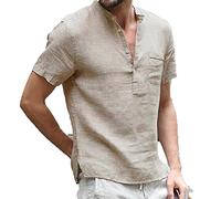 GTHTTT Uomo Henley Tee T-Shirt con Bottoni Maniche Corte Scollo a V Pullover Tinta Unita Spacco Laterale Lino Cotone Yoga Maglietta,Beige,L