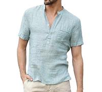 GTHTTT Uomo Henley Tee T-Shirt con Bottoni Maniche Corte Scollo a V Pullover Tinta Unita Spacco Laterale Lino Cotone Yoga Maglietta,Blu,L