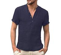 GTHTTT Uomo Henley Tee T-Shirt con Bottoni Maniche Corte Scollo a V Pullover Tinta Unita Spacco Laterale Lino Cotone Yoga Maglietta,Marina Militare,M