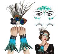 GTJEOI 4 Pezzi Costume da Pavone da Donna Accessori, Accessori per Capelli con Piume di Pavone, Polsini Piume, Ciglia in piume, Strass Viso, Set accessori Donna Ispirato al Pavone per Carnevale