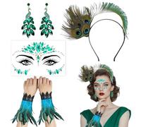 GTJEOI 4 Pezzi Costume da Pavone da Donna Accessori, Accessori per Capelli con Piume di Pavone, Polsini Piume, Orecchini di pavone, Strass Viso, Set accessori Donna Ispirato al pavones per Carnevale