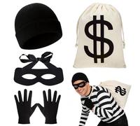 GTJEOI Costume da Ladro, Costume da Rapinatore di Banche, Accessori Costume per Ladri con Maschera per Gli Occhi, Borsa per Dollari, Cappello, Guanti, per Carnevale Halloween Cosplay