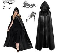 GTJEOI Mantello da Vampiro per Adulti, Mantello Nero con Cappuccio con Maschera e Collana, mantello Vampiro per Halloween, mantellos di Raso con Cappuccio per Halloween, Carnevale, Masquerade