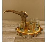 GTK - Geweihe & Trophäen KRUMHOLZ Offerta di grappa su cartello di acacia, altezza 18 cm, manico di cervo rosso, con 6 bicchieri colorati e alti, motivo animali, 27.7.3.10