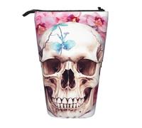 GTKSYNVE Astuccio portamatite telescopico con teschio umano, fiori rosa, grazioso astuccio per trucchi e cosmetici, con cerniera, per Natale, vacanze, Capodanno, ufficio