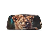 GTKSYNVE Borsa per il trucco in pelle per borsa da viaggio piccole borse per matite portatili per donne uomini borsa cosmetica con leone artistico con cerniera astuccio estetico portamonete organizer