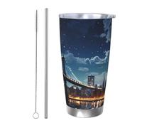 GTKSYNVE Moon Light New York City - Bicchiere con coperchio a prova di perdite e cannuccia, 590 ml, tazza termica da viaggio in acciaio inox, senza BPA, riutilizzabile, per esterni