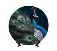 GTKSYNVE Piastre decorative in porcellana cinese con piume di pavone blu da 17,8 cm, piastra decorativa in ceramica personalizzata con espositore ornamenti in ceramica piatto in porcellana artistica