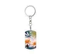 GTKSYNVE Portachiavi in metallo in acciaio inossidabile con anelli per foto fai da te, libellule volanti e fiori di giglio, portachiavi per auto, portachiavi rettangolare con foro per regalo di