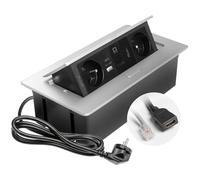 GTV - Presa da incasso MULTISOFT alluminio con 2 prese con messa a terra, USB C, RJ45, HDMI 2.0, retrattile con copertura, cavo da 1,5 m, ideale per cucina, ufficio o tavolo da conferenza
