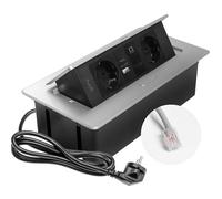 GTV - Presa da incasso MULTISOFT alluminio con 2 x Schuko, USB C, RJ45, retrattile con copertura, cavo da 1,5 m, ideale per scrivania, tavolo da conferenza o piano di lavoro della cucina