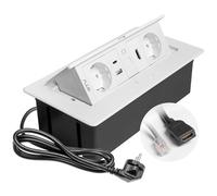 GTV - Presa da incasso MULTISOFT bianca con 2 x Schuko, USB C, RJ45, HDMI 2.0, copertura, retrattile, cavo da 1,5 m, per scrivania, tavolo da conferenza, cucina o ufficio domestico