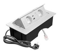 GTV - Presa da incasso MULTISOFT bianca con 2 x Schuko, USB A+C, RJ45, retrattile con copertura, cavo da 1,5 m, ideale per scrivania, tavolo da conferenza o piano di lavoro della cucina