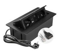 GTV - Presa da incasso MULTISOFT nera con 2 prese con messa a terra, USB A+C, RJ45, HDMI 2.0, retrattile con copertura, cavo da 1,5 m, ideale per cucina, ufficio o tavolo da conferenza