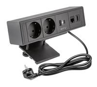 GTV - Presa per mobili bar, multipresa, 2 prese Schuko, 1 USB A, 1 USB C, 1 RJ45, 1 HDMI, cavo 1,5 m, colore nero, per scrivania, tavolo, cucina e ufficio