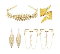 GTYHH Fascia per Capelli 1 Pezzo, 1 Paio di Braccialetti, 1 Paio di Orecchini E 1 Anello, Set di Gioielli A Forma di Foglia, Struttura Dorata, Stile Foresta, Accessori con Elementi Naturali.
