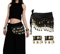 GTYHH Sciarpa di Danza del Ventre 1 Pezzo E 1 Paio di Braccialetti Neri, Decorazione con Nappe, Traspirante Ed Elee, Accessori per Spettacoli di Danza (Nero).