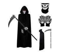 GTYZZH Costume da Mietitore di Halloween, Costume da Grim Reaper con Mantello Nero con Cappuccio, Copricapo da Teschio, Guanti da Scheletro e Falce della Morte, Ideale per Halloween Cosplay