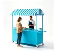 Gtzly Banco Portatile con Tetto a Righe, Stand Espositore Alimentare con Ruote Bloccabili, Chiosco di Vendita in Ferro con Scatola di Archiviazione per Mercato e Street Food(Blue,55in/140cm)