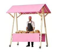 Gtzly Carrello Commerciale in Legno su Ruote, Espositore Pieghevole con Tenda, Chiosco per Mercato con Portata 100kg per Cibo da Strada(Pink,71in/180cm)