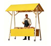 Gtzly Carrello Commerciale in Legno su Ruote, Espositore Pieghevole con Tenda, Chiosco per Mercato con Portata 100kg per Cibo da Strada(Yellow,47in/120cm)